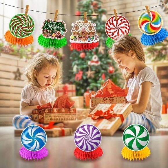 8 Pcs Candyland Christmas Decorations 3D Double Side Honeycomb Centerpieces - Picture 2 of 7